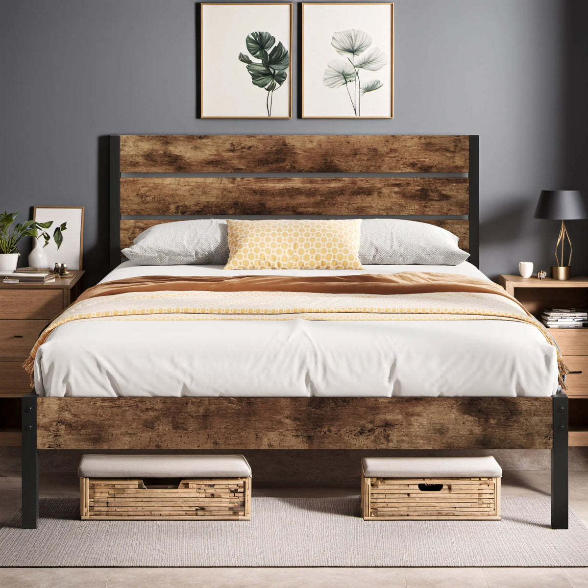 Queen Bed Frame with Wood Headboard and Footboard R121