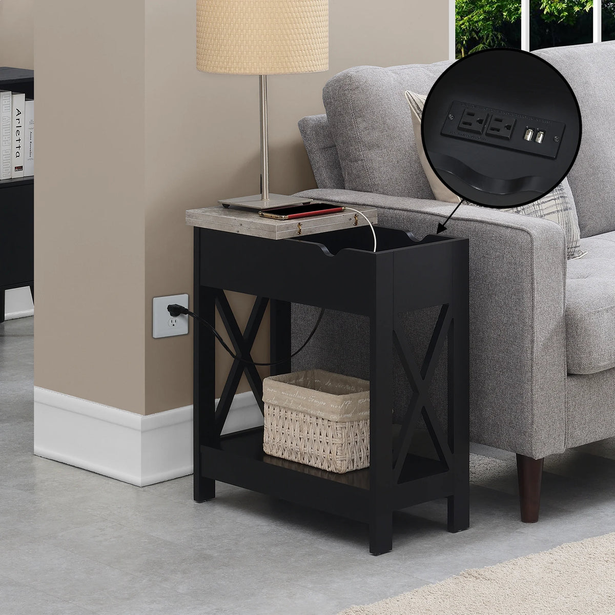 Flip Top End Table with Charging Station and Shelf R881368