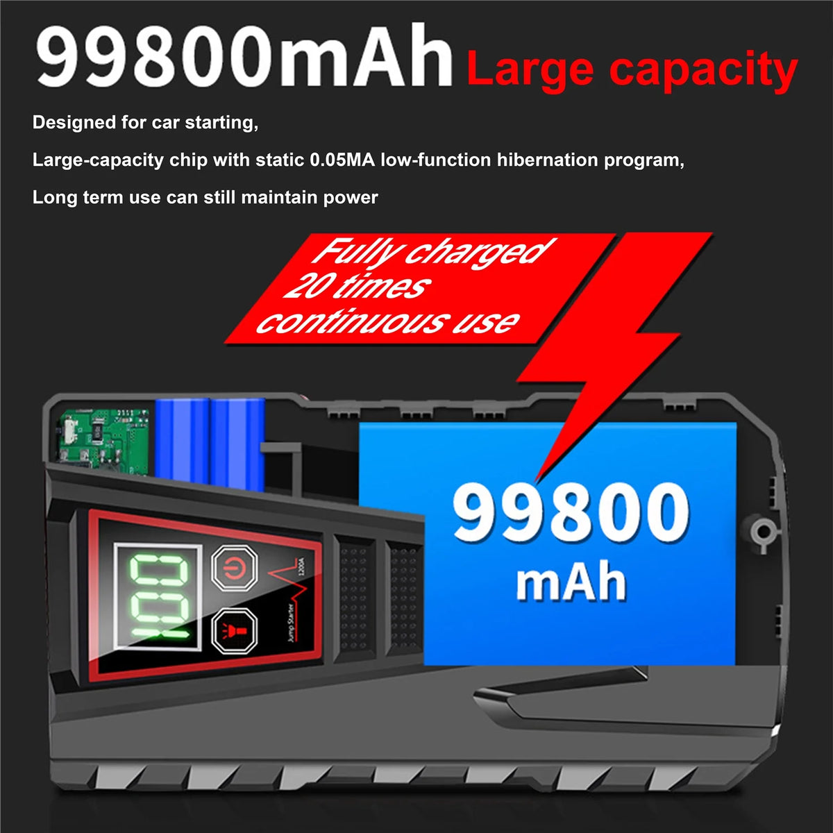 Car Jump Starter 5000A Peak 99800mAh Battery Portable Power Bank T728