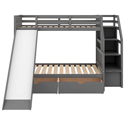 Grey Wood Twin Over Full Bunk Bed with Slides and Drawers L85917
