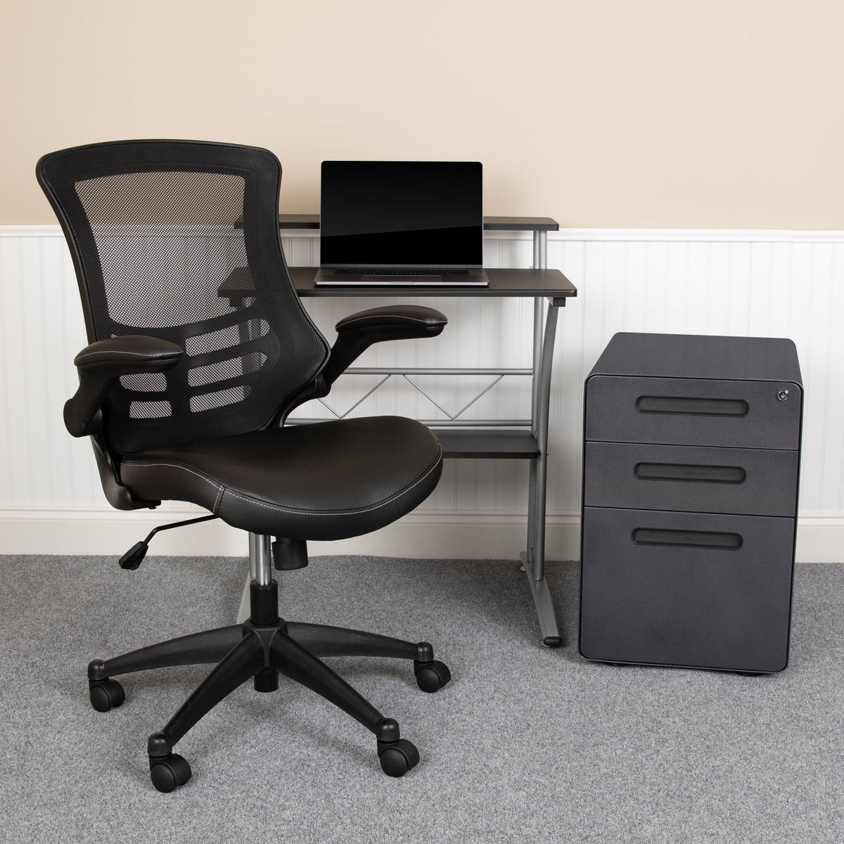 Black Computer Desk, Ergonomic Mesh Office Chair and Locking Mobile Filing Cabinet G495530