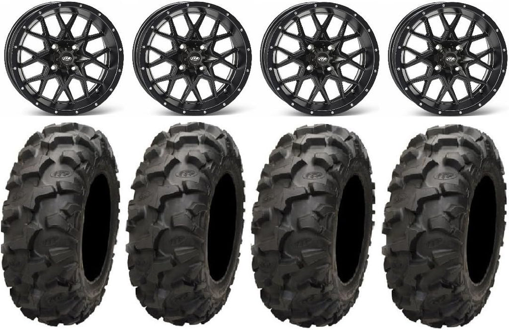 Matte Black 15 Wheels Blackwater Tires 4x137 Bolt Pattern 10mmx1.25 Lug Kit M79168