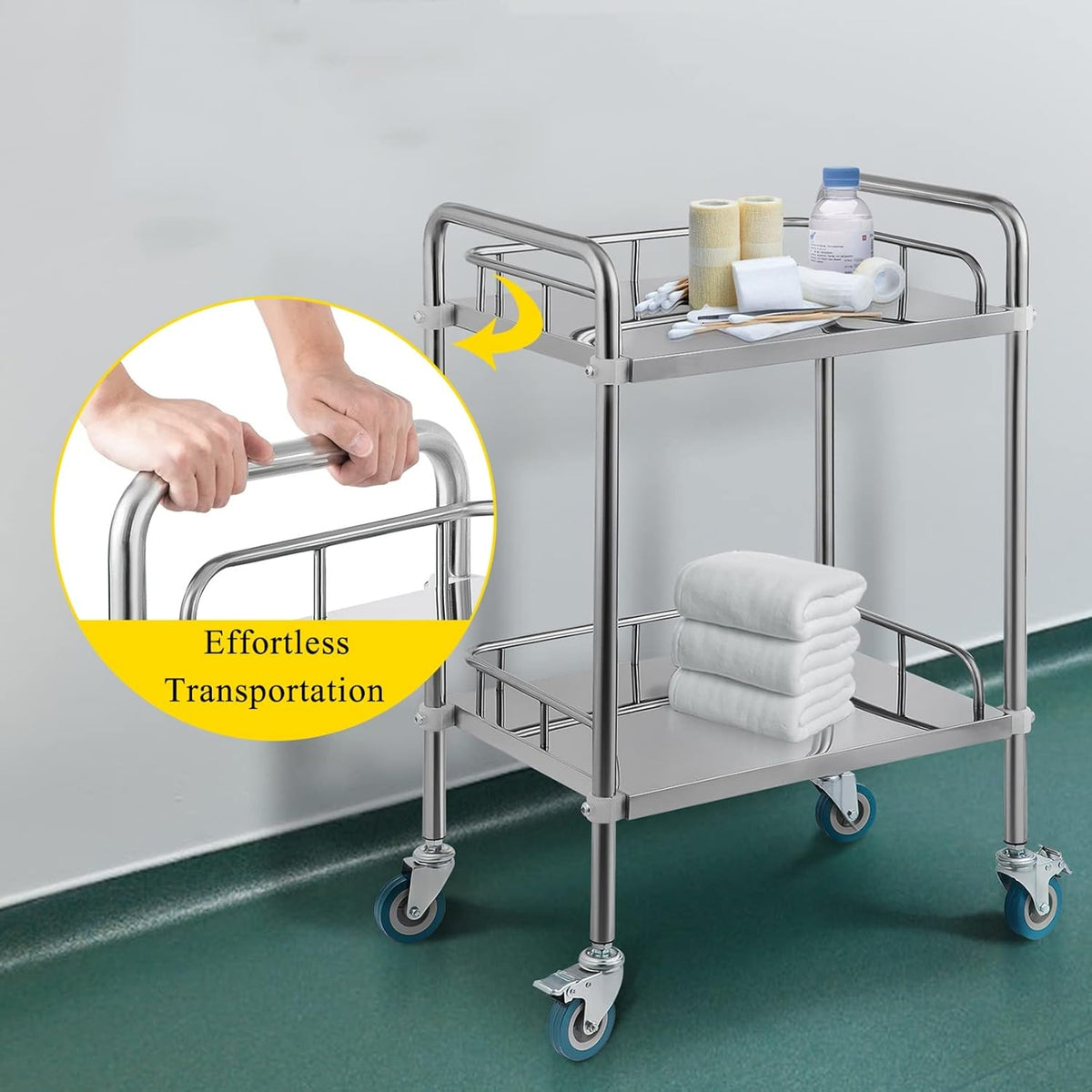 2 Layers Stainless Steel Utility Cart with Silent Locking Wheels X906875