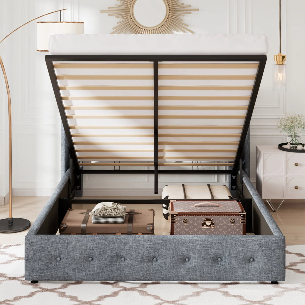 Queen Size Lift Up Platform Storage Bed Frame with Wingback Headboard Light Beige T97886