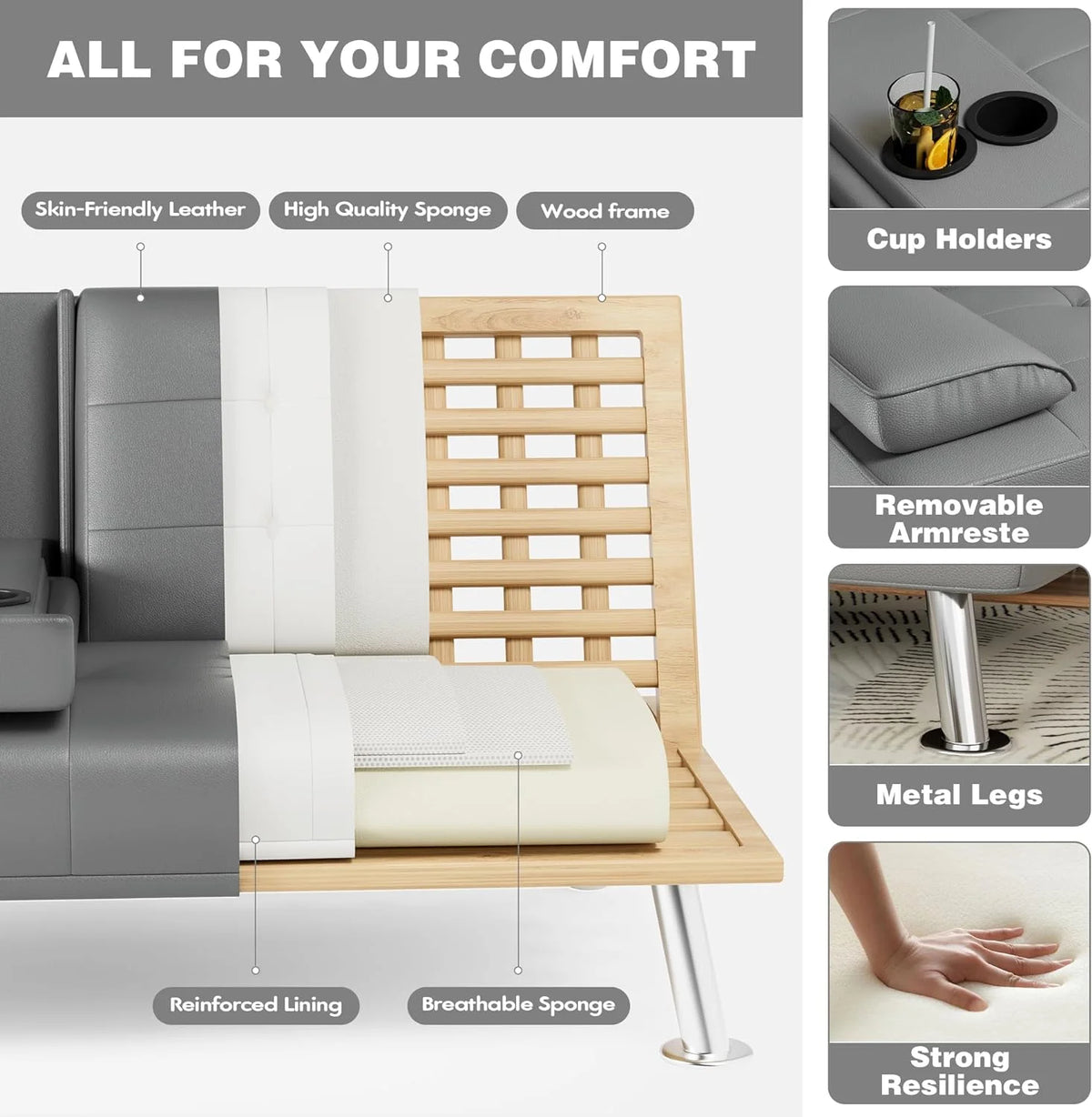 Faux Leather Convertible Folding Futon Sofa Bed with Removable Armrests and 2 Cup Holders Z920