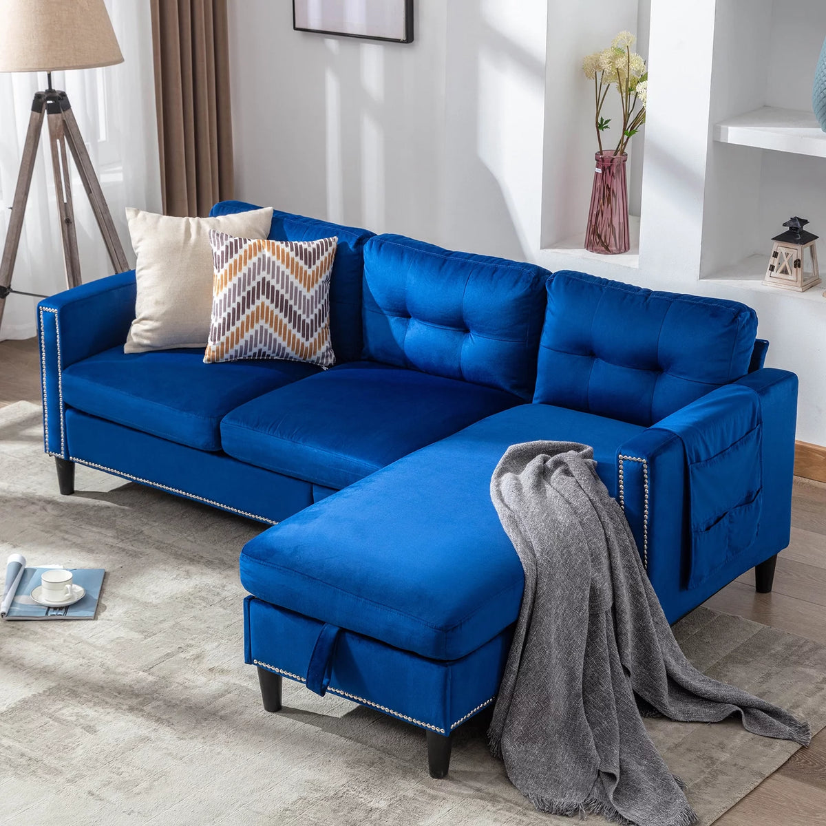 78 L Shaped Velvet Sectional Sofa with USB L4729