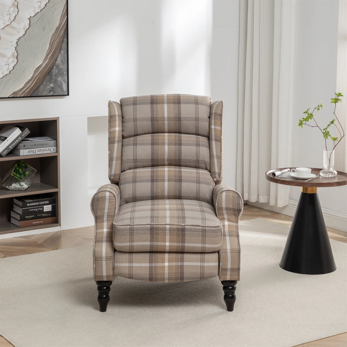 Plaid Upholstered Wingback Recliner Chair with Adjustable Footrest W650