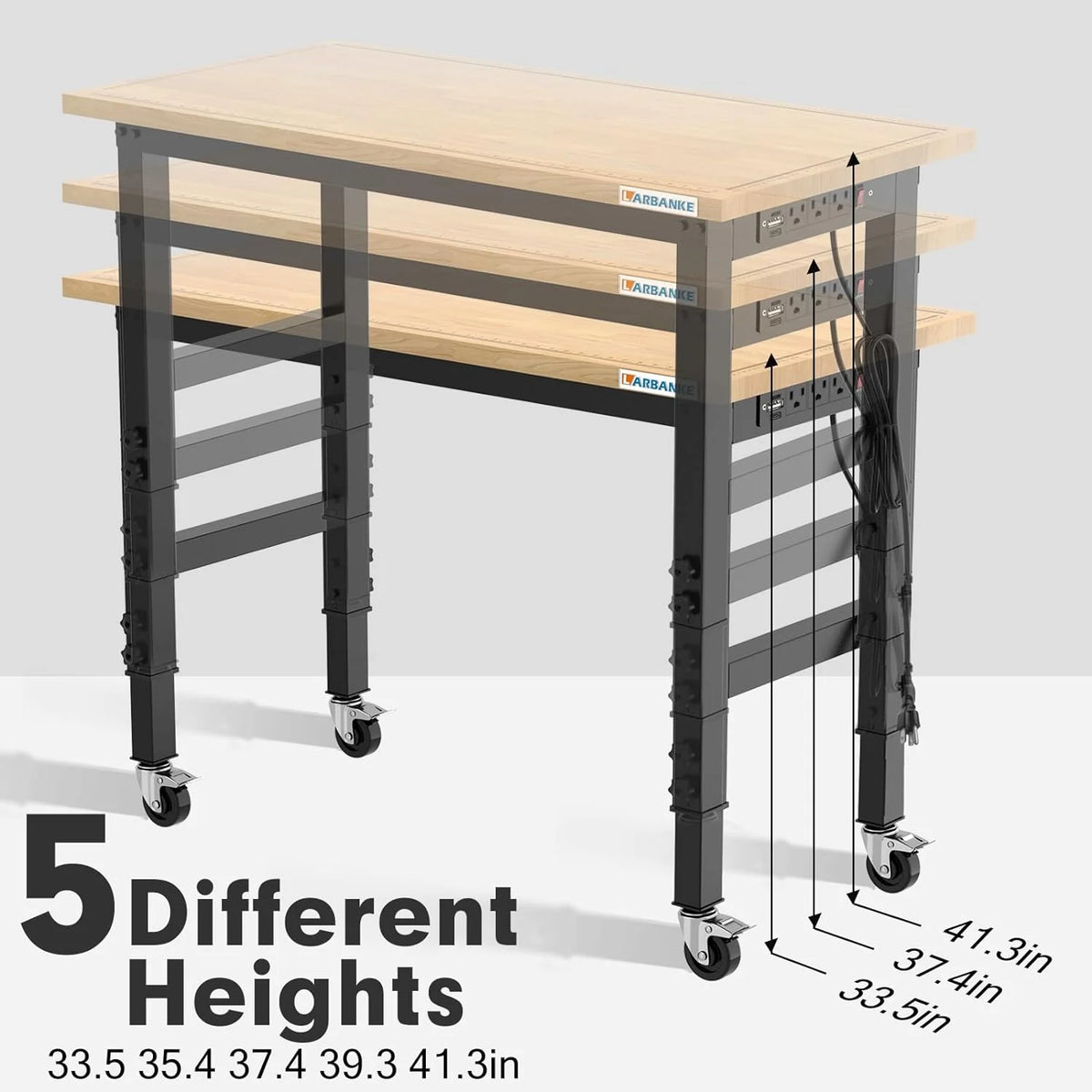48" Heavy-Duty Rubber Wood Workbench with Brake Wheels D3726