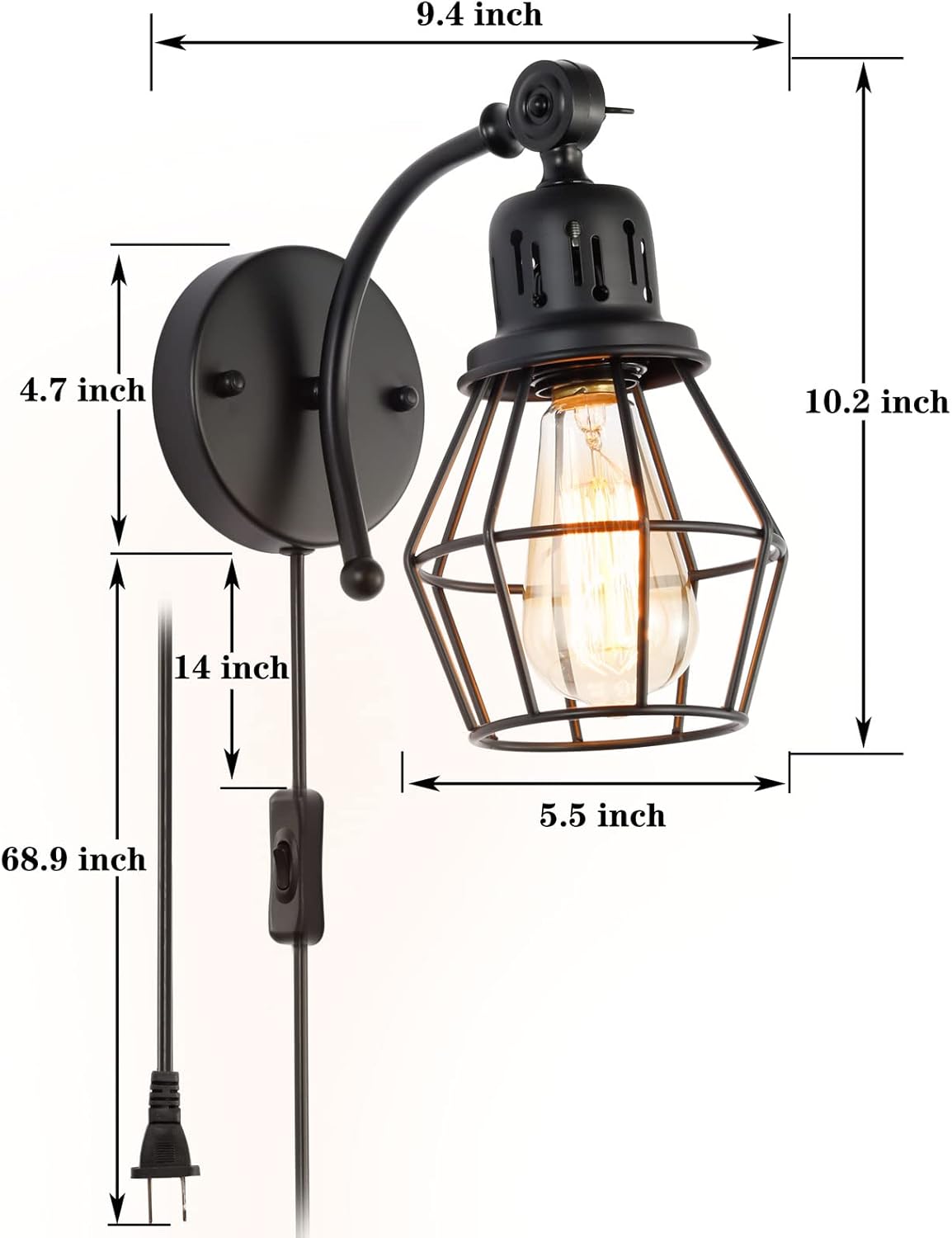 Black Industrial Vintage Cage Wall Light Fixture Set of 2 with On Off Switch Y3934