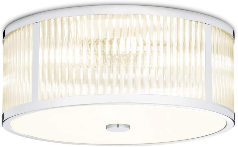 Chrome Flush Mount Ceiling Light, 18 Inch Diameter, LED Bulbs Included, 3000K, 2100 Lumens, Ribbed Glass Shade, Dimmable W8239