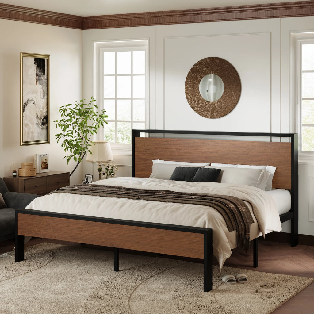 Walnut King Size Platform Bed Frame with Wood Headboard E926220