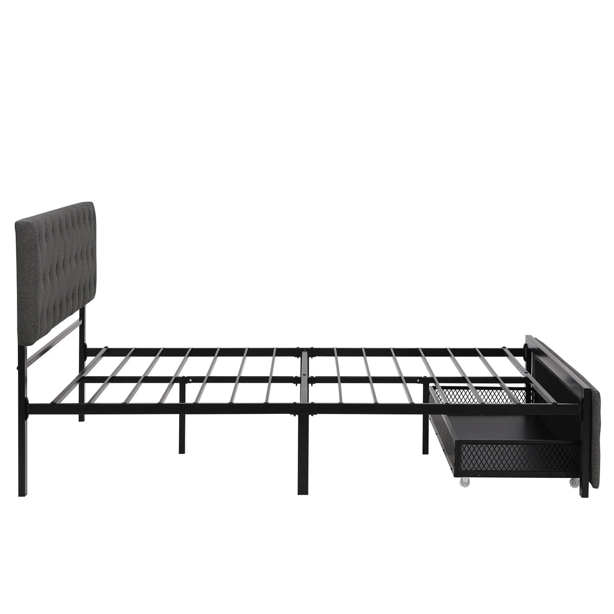 Metal Frame Linen Platform Bed with Drawer Grey Queen G3765