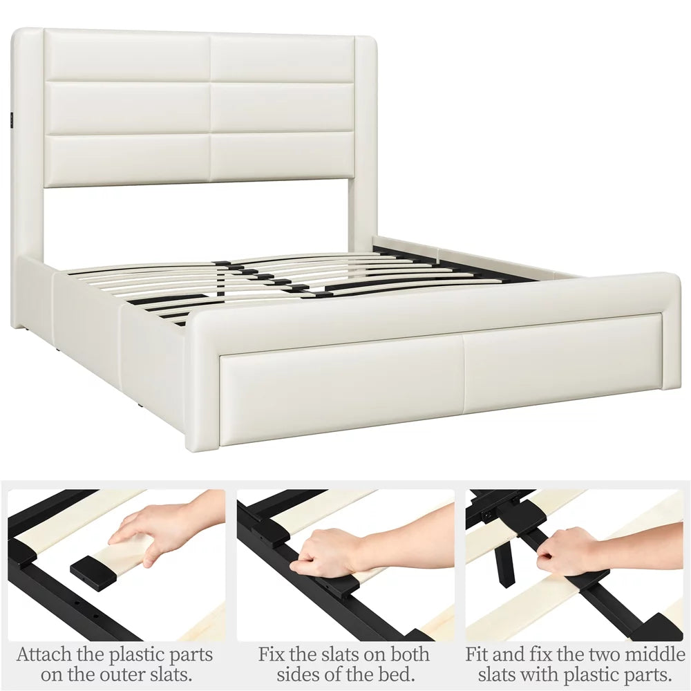 Beige Upholstered Platform Full Bed with 3 Storage Drawers and USB Ports B919
