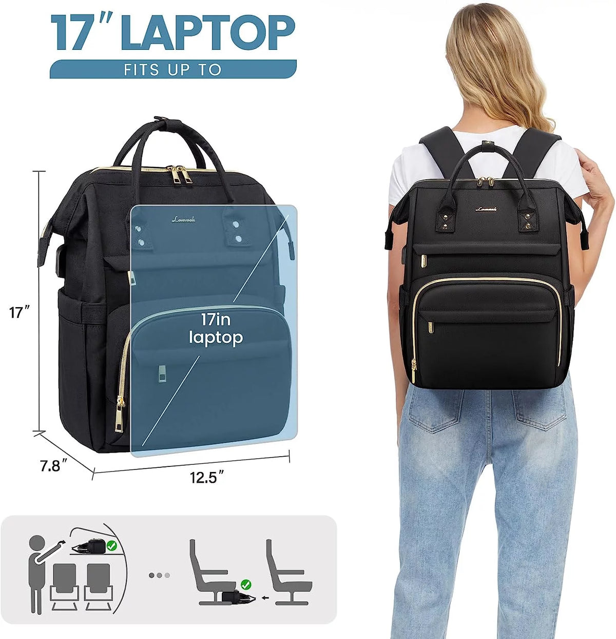 17" Waterproof Laptop Backpack with USB-Black O97326