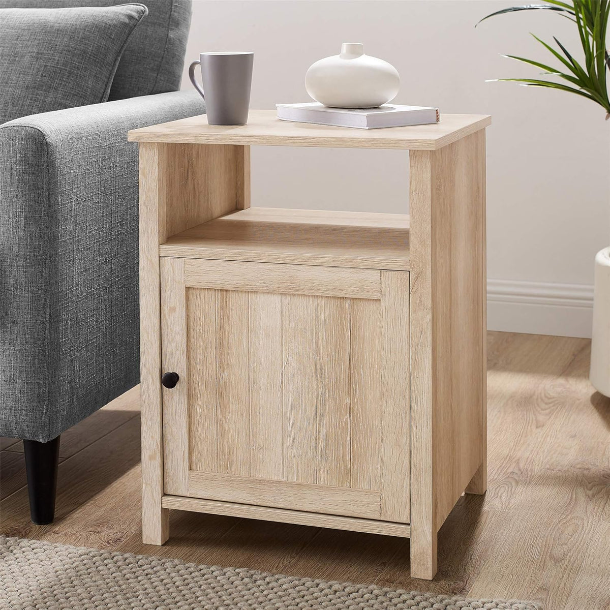 White Oak 18 Inch Wood Side Accent Table with Cabinet Door O196993