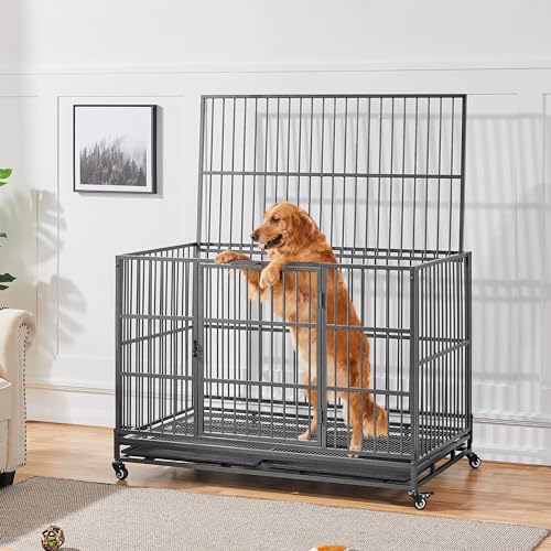 48'' XXL Dog Crate with 2 Doors Lockable Wheels T605