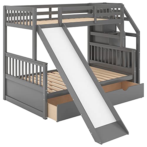 Grey Wood Twin Over Full Bunk Bed with Slides and Drawers L85917