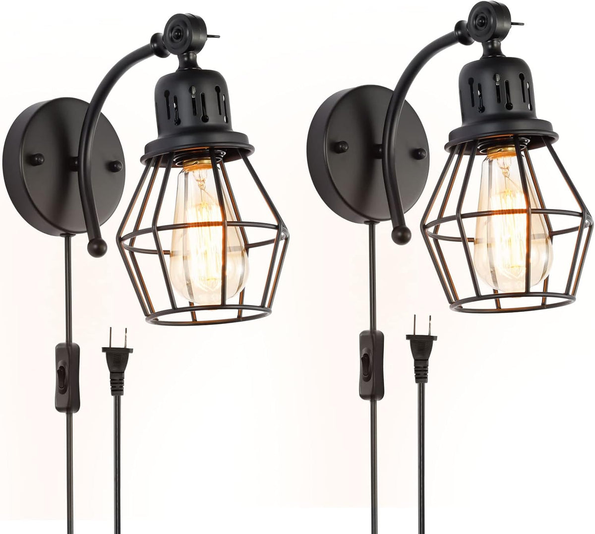 Black Industrial Vintage Cage Wall Light Fixture Set of 2 with On Off Switch Y3934