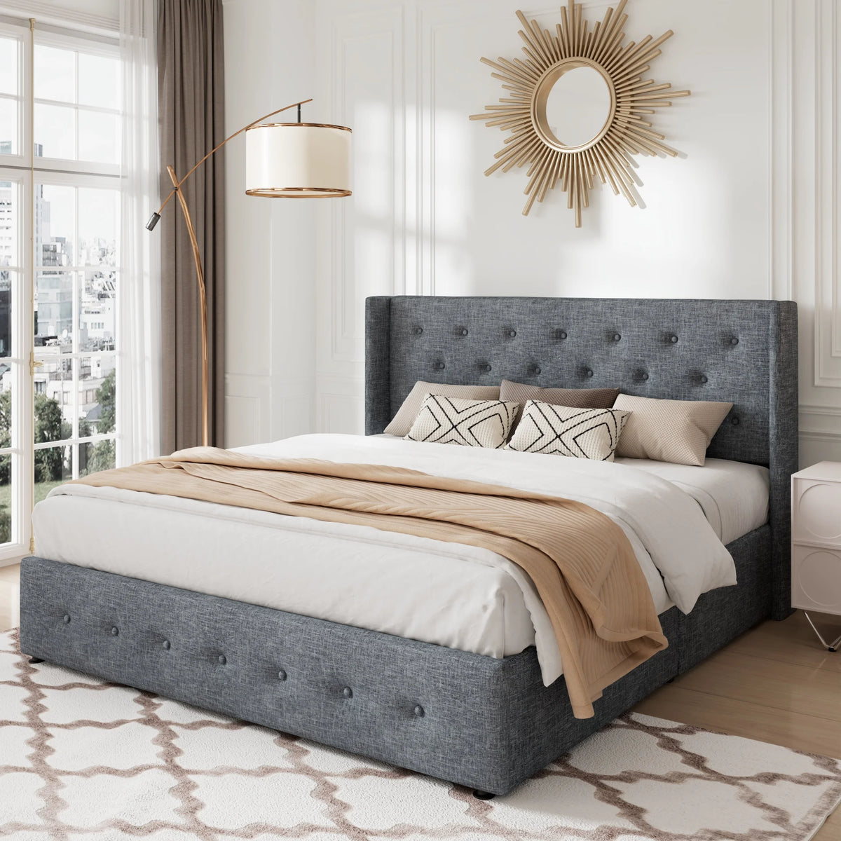 Queen Size Lift Up Platform Storage Bed Frame with Wingback Headboard Light Beige T97886