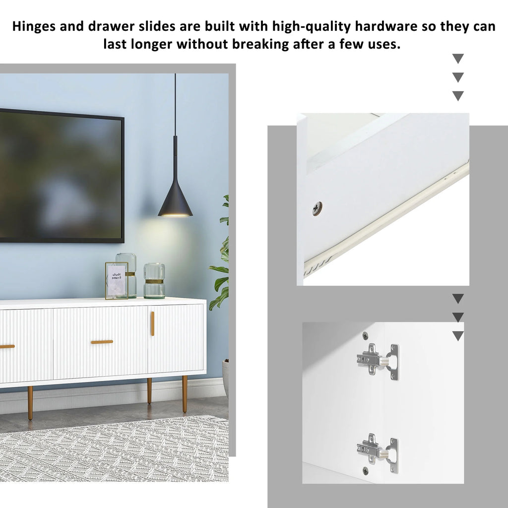 White Wood TV Stand with 5 Champagne Legs A2631