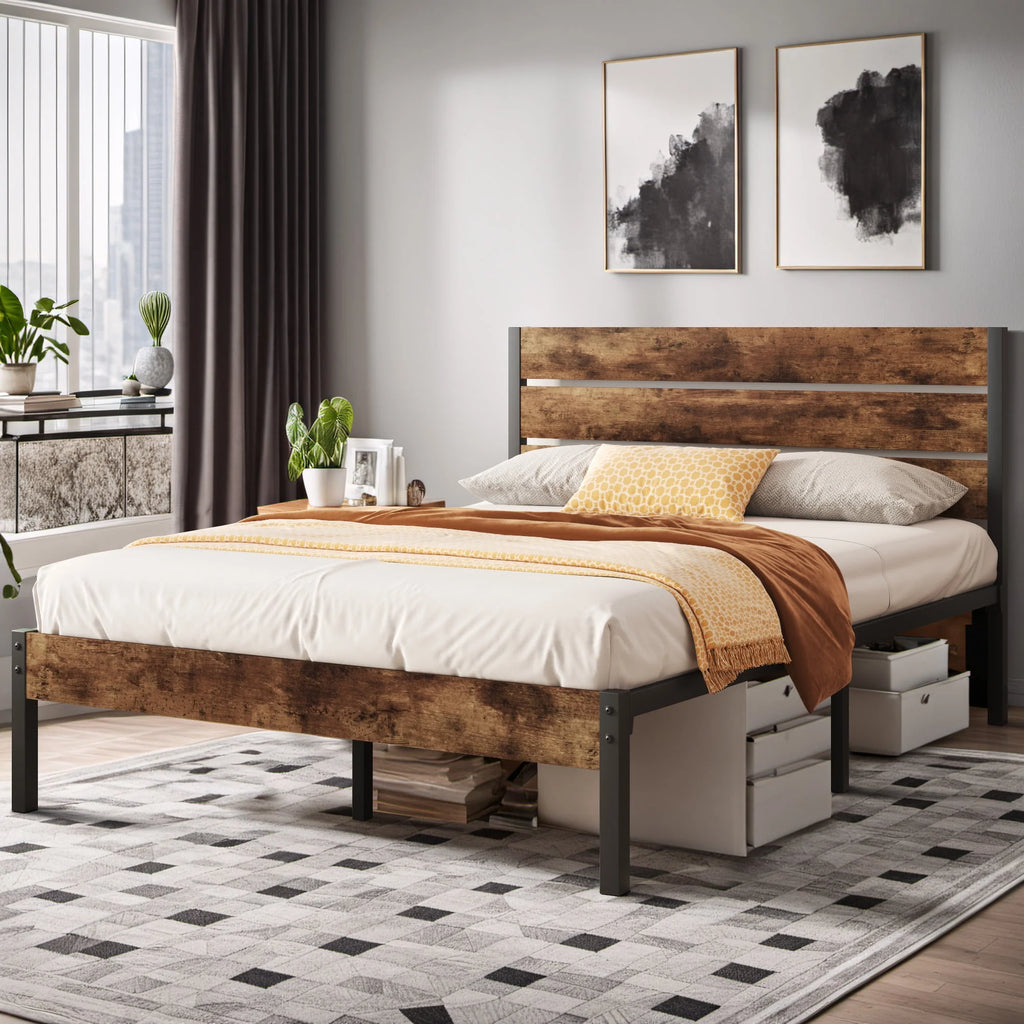 Queen Bed Frame with Wood Headboard and Footboard R121