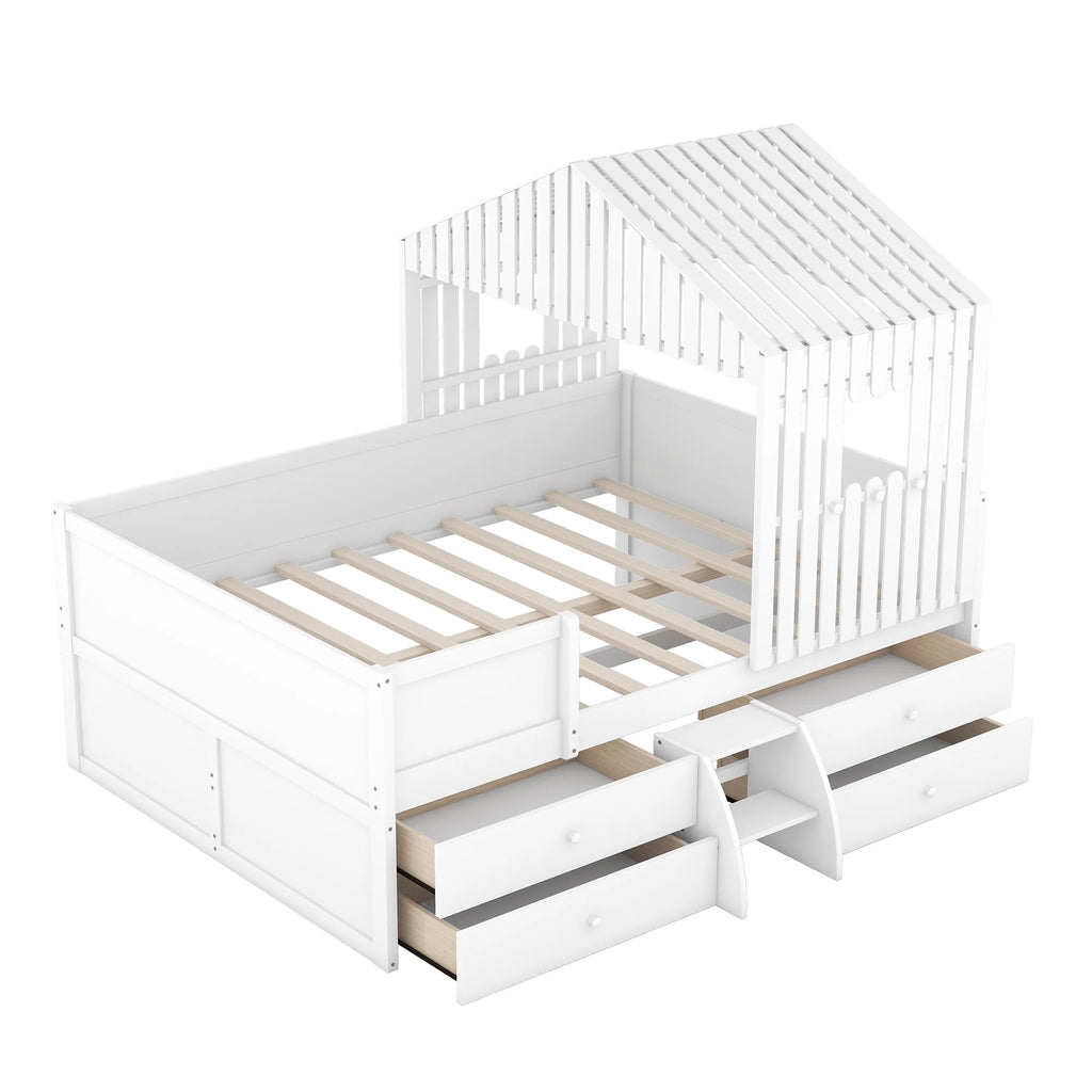 Full Size Low Loft Bed with Roof and Drawers, White K268
