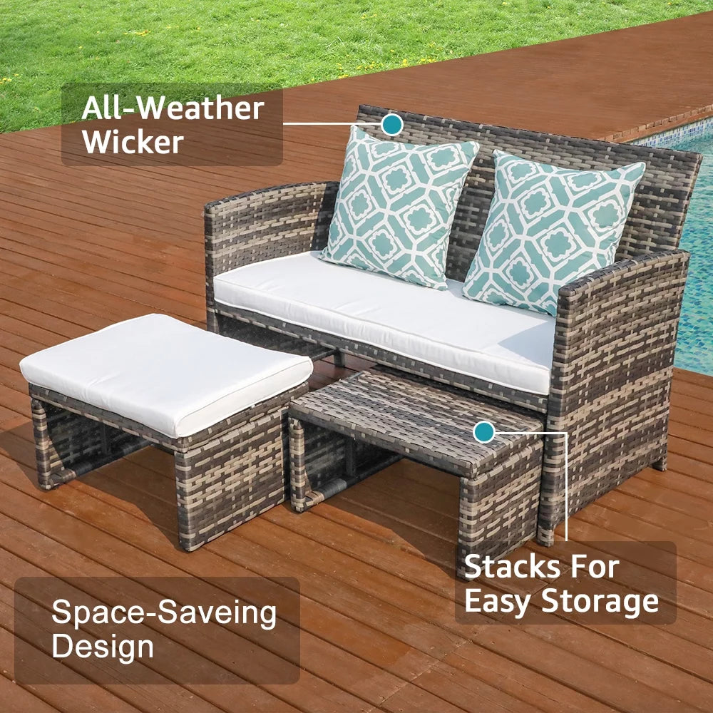 Wicker Rattan Loveseat Chairs with Ottomans J254740