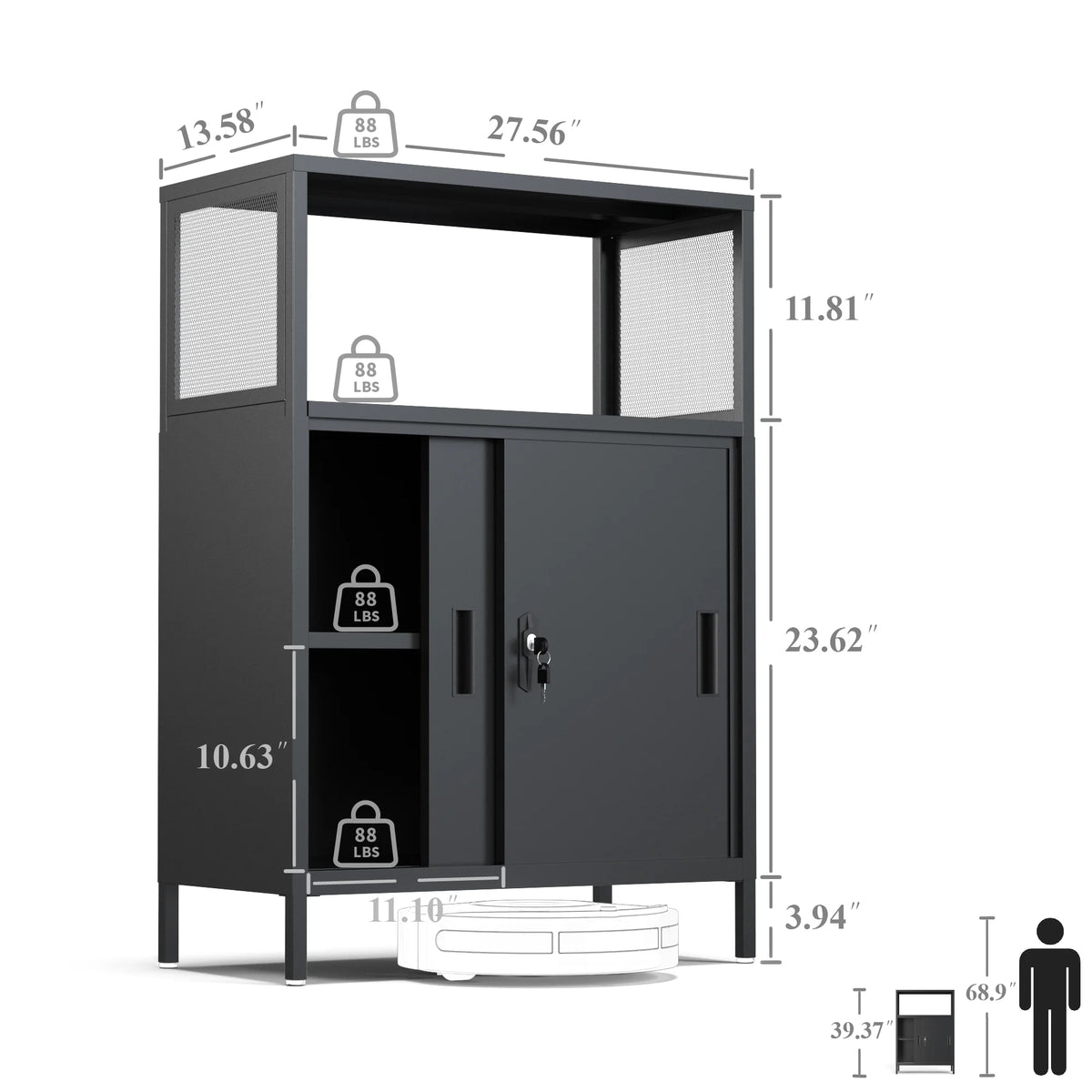 Metal Storage Cabinet with Sliding Doors and Adjustable Shelf, Black K66108