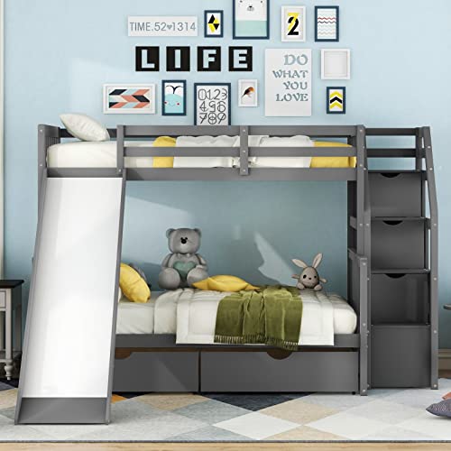 Grey Wood Twin Over Full Bunk Bed with Slides and Drawers L85917