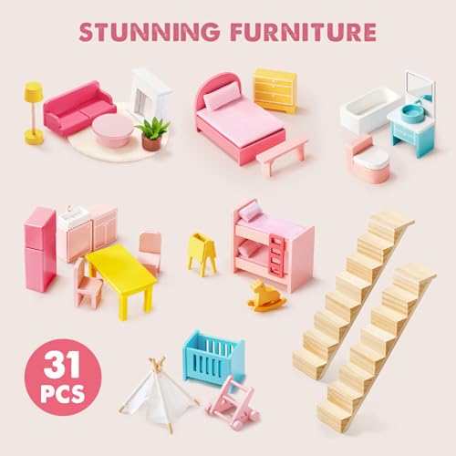 6 Rooms Wooden Dollhouse with 31Pcs Furniture Accessories Q473388
