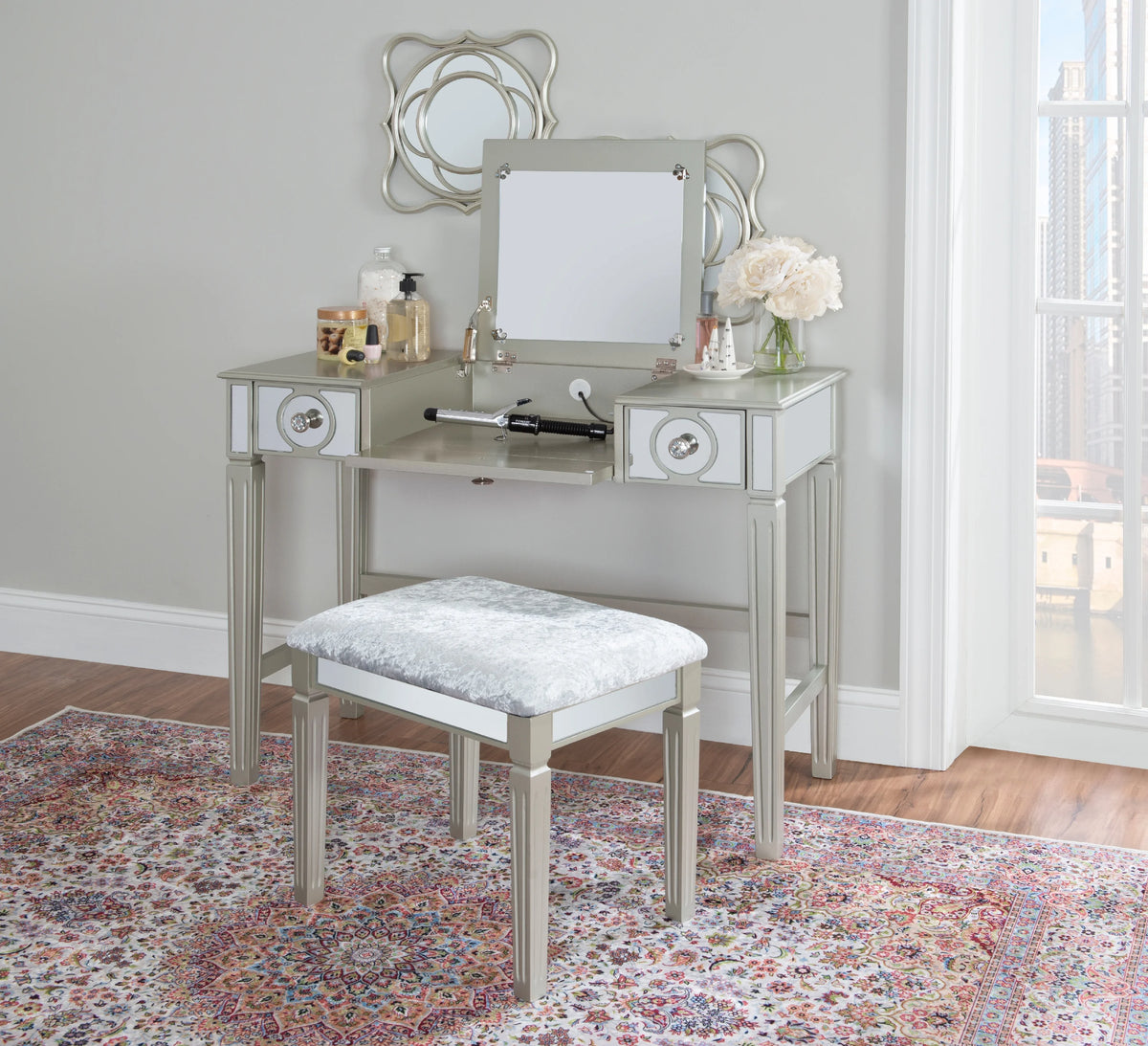 2-Piece Vanity Set with Flip-Top Mirror and Bench P4879