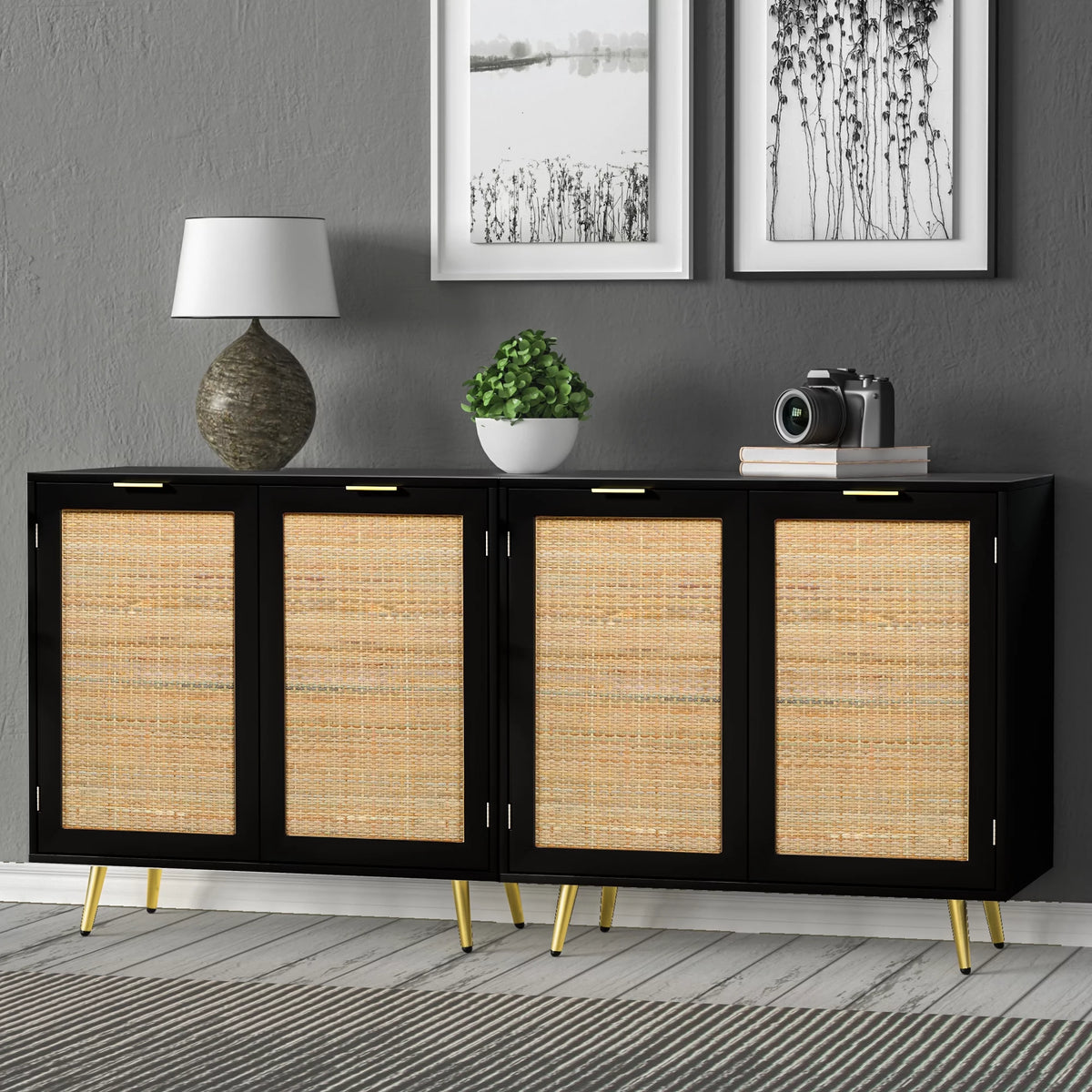 Black 2 Rattan Door Accent Cabinet M89681