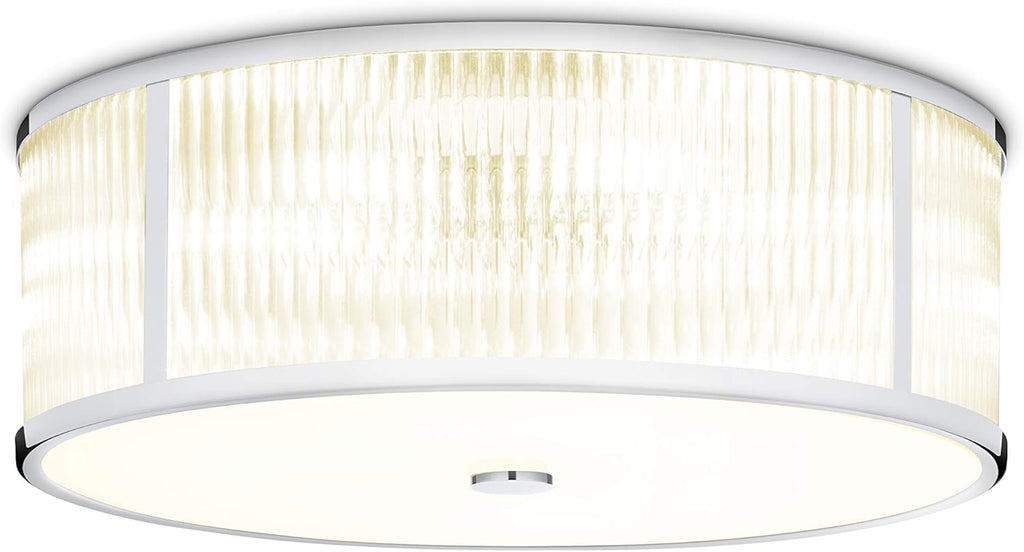Chrome Flush Mount Ceiling Light, 18 Inch Diameter, LED Bulbs Included, 3000K, 2100 Lumens, Ribbed Glass Shade, Dimmable W8239