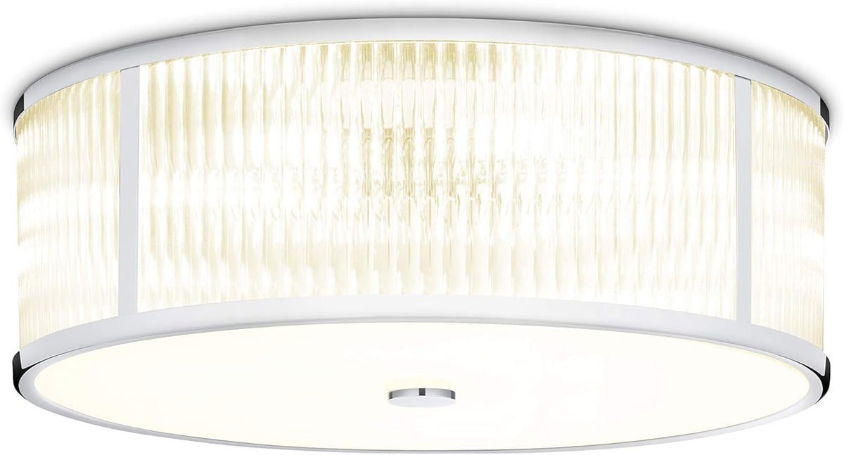 Chrome Flush Mount Ceiling Light, 18 Inch Diameter, LED Bulbs Included, 3000K, 2100 Lumens, Ribbed Glass Shade, Dimmable W8239