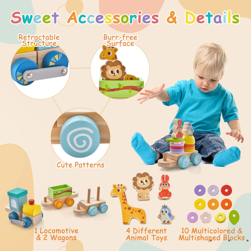 Wooden Stackable Train Set with Animal Toys & Locomotive E857239