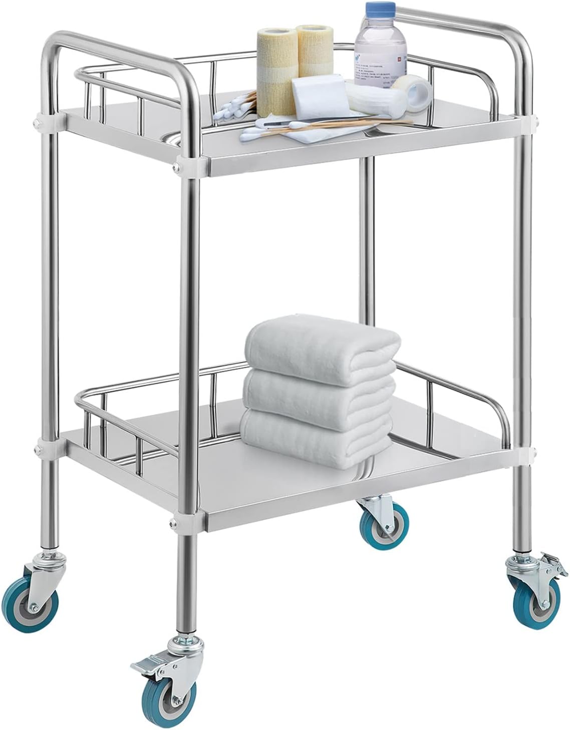 2 Layers Stainless Steel Utility Cart with Silent Locking Wheels X906875