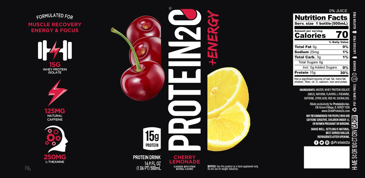 15g Whey Protein Infused Water Plus Energy, Cherry Lemonade, 16.9 fl oz Bottle (12-Pack) W250