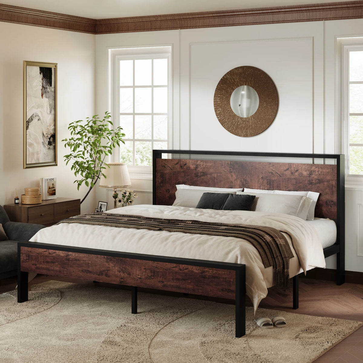 Walnut King Size Platform Bed Frame with Wood Headboard E926220