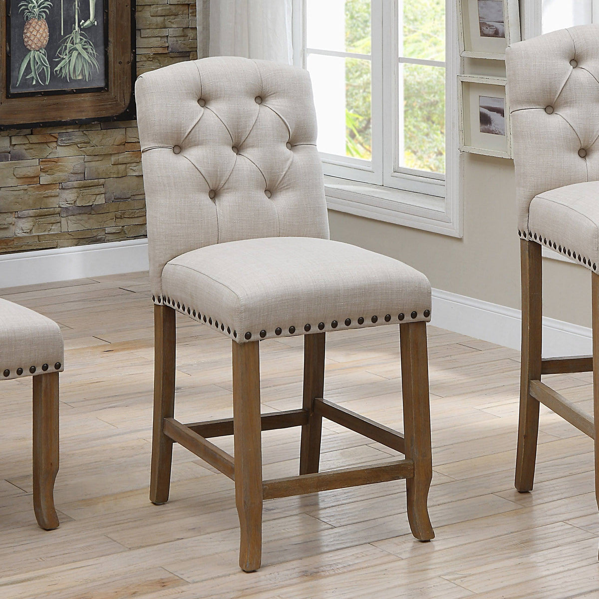 Rustic Tufted Counter Chairs (Set of 2) Light Grey/Brown F1861