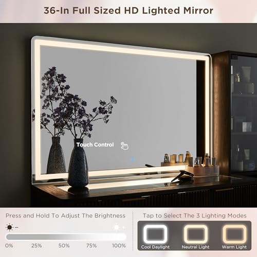 48" Glass Top Vanity Desk with Lighted Mirror and 5 Drawers P786671