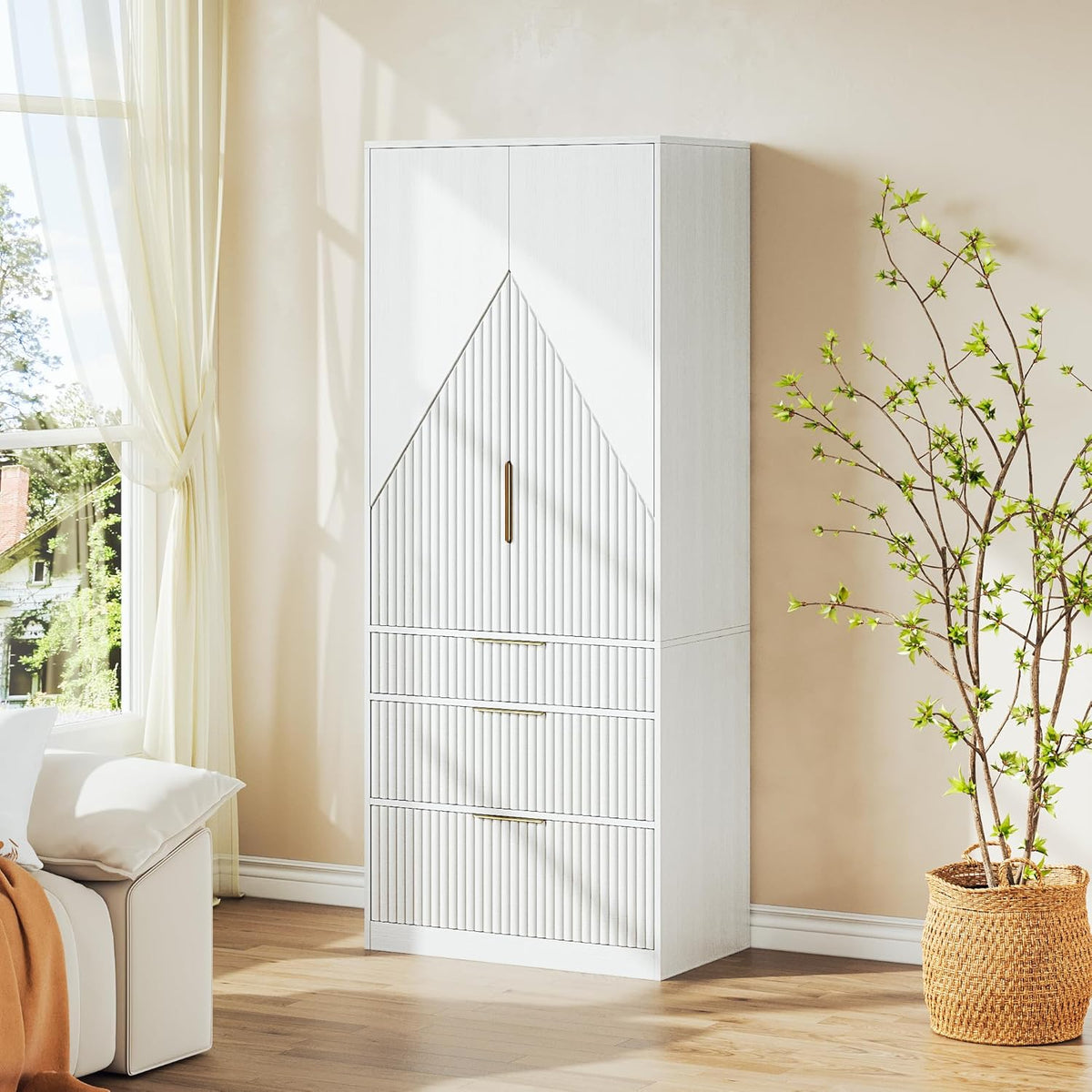 White Freestanding Wooden Wardrobe Armoire with 2 Doors and 3 Drawer A757