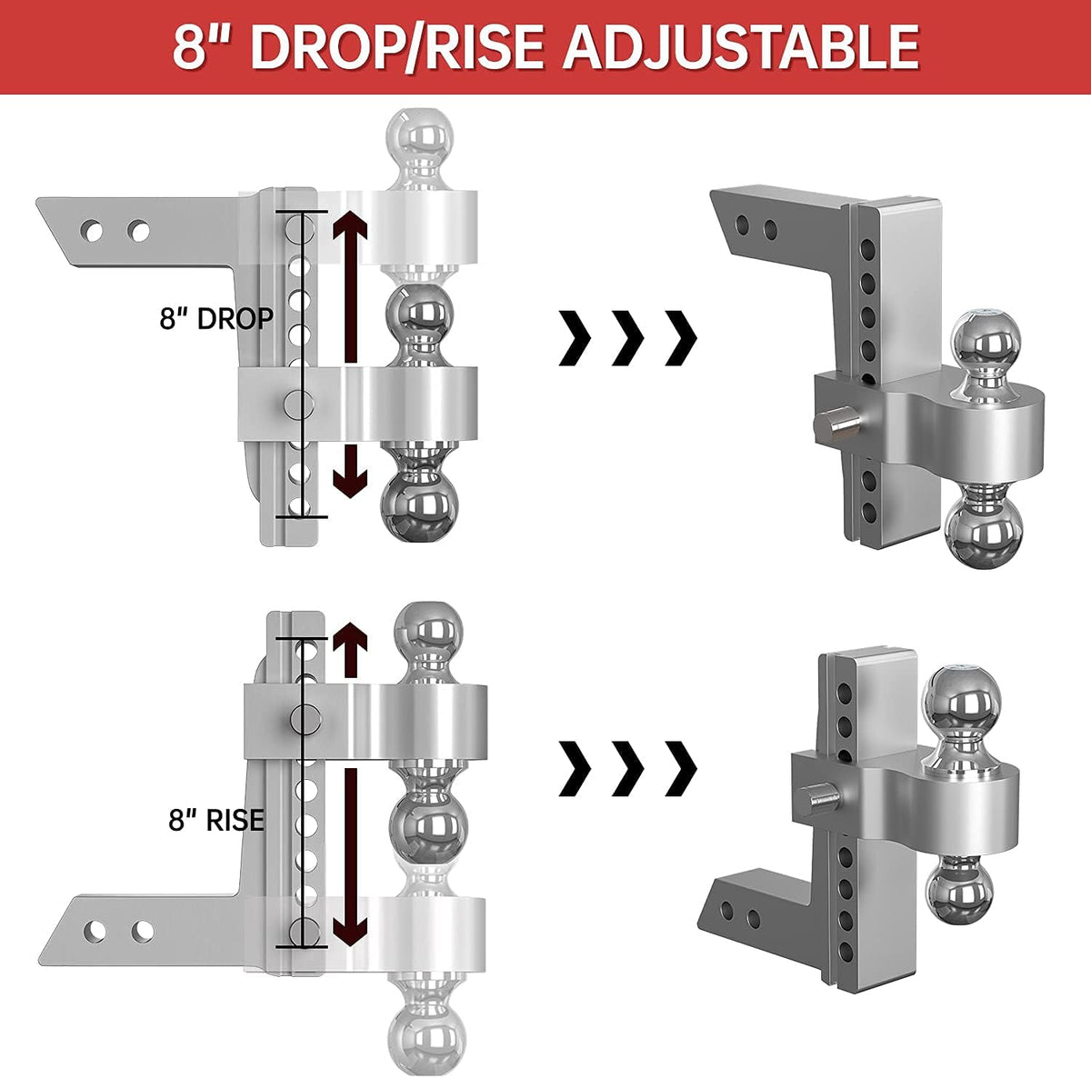 Adjustable Trailer Hitch Ball Mount, 8 Inch Drop, 2 Inch Receiver, 12,500 LBS GTW, Forged Aluminum Shank, Dual Balls with Hitch Locks and Pins V790