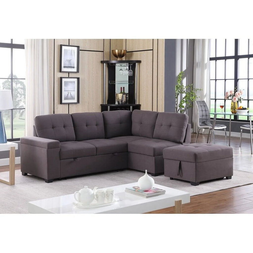 Linen Sleeper Sectional Sofa with Storage Ottoman E33757
