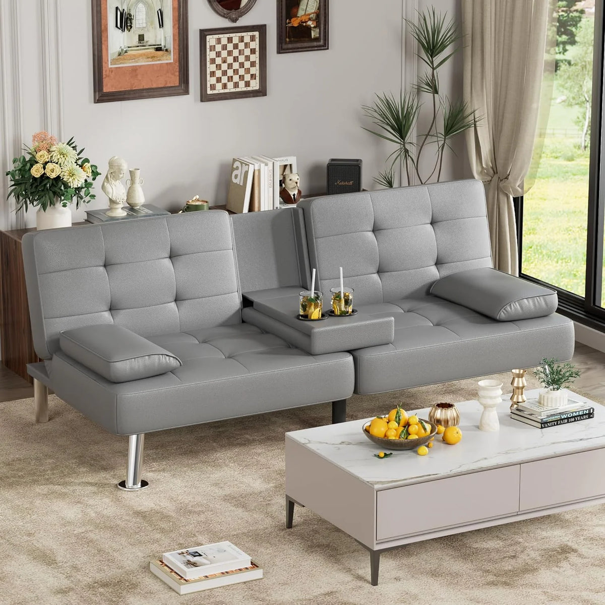 Faux Leather Convertible Folding Futon Sofa Bed with Removable Armrests and 2 Cup Holders Z920