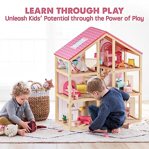 6 Rooms Wooden Dollhouse with 31Pcs Furniture Accessories Q473388