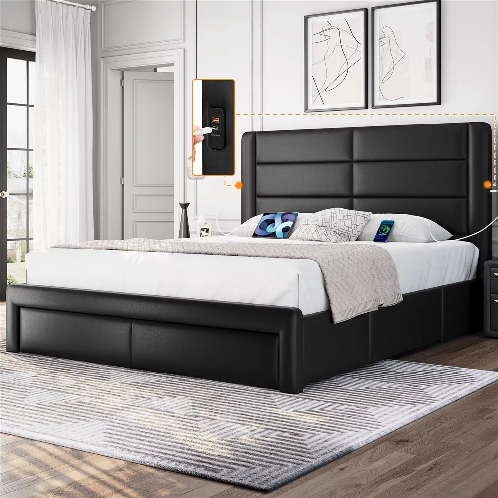 Beige Upholstered Platform Full Bed with 3 Storage Drawers and USB Ports B919
