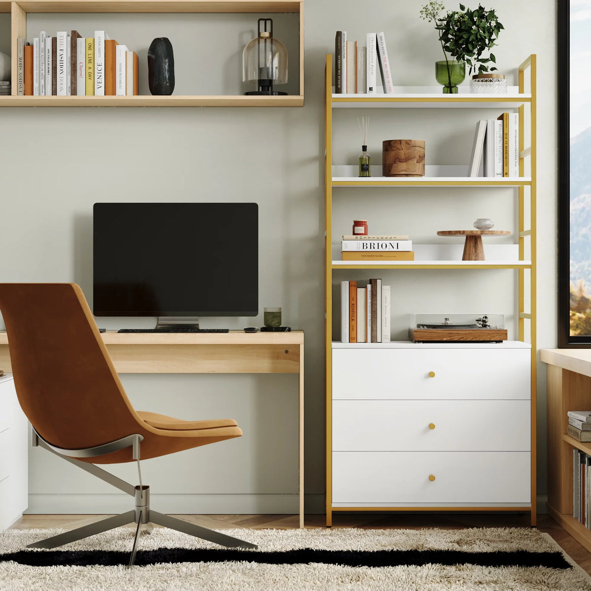 4 Tier Gold Bookcase with 3 Drawers F230189