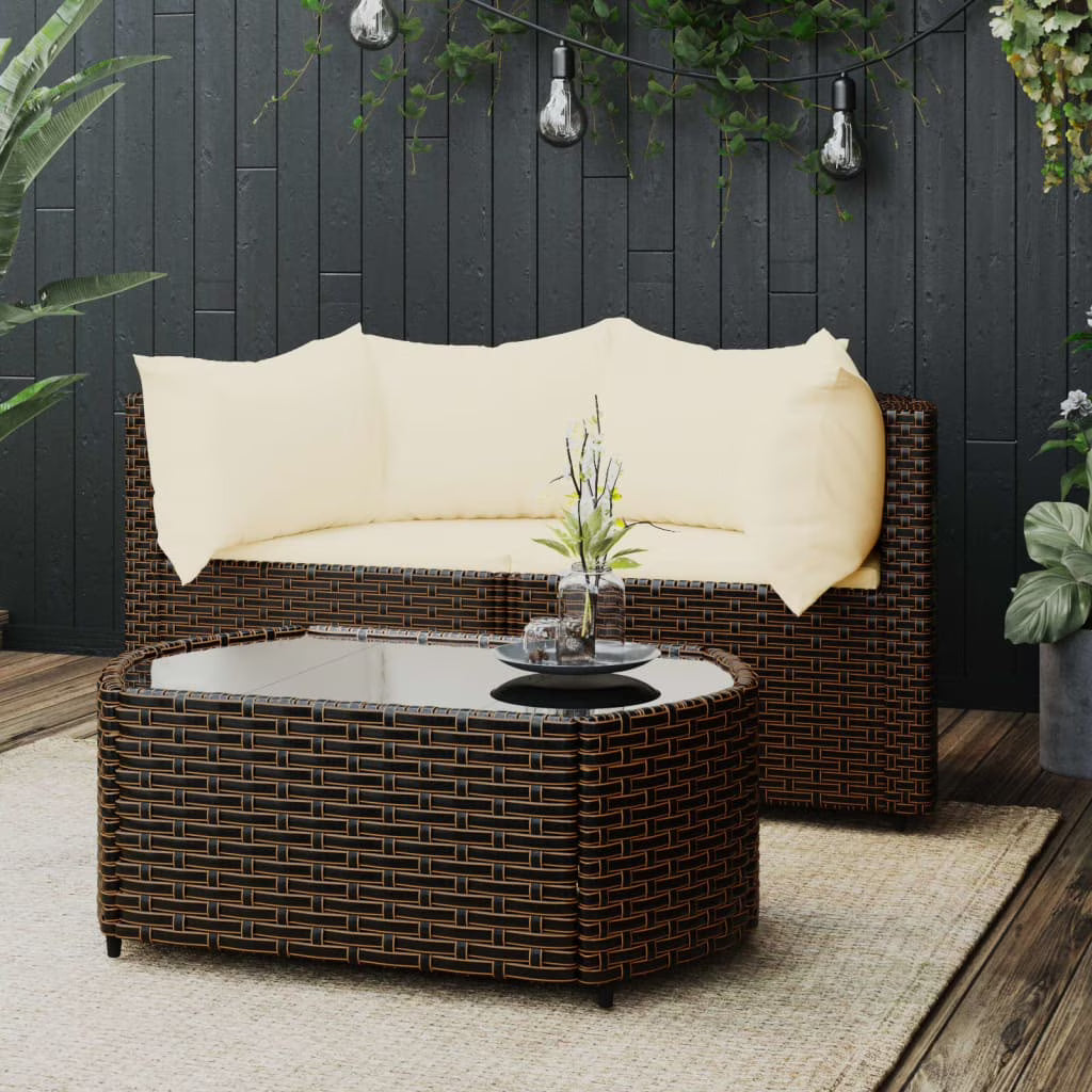 3 Piece Rattan Outdoor Patio Furniture Set with Glass Top Coffee Table A223