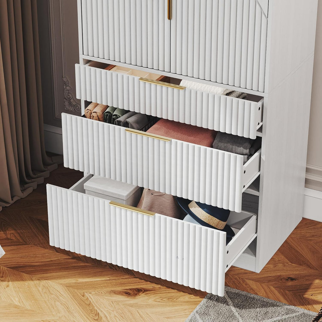 White Freestanding Wooden Wardrobe Armoire with 2 Doors and 3 Drawer A757