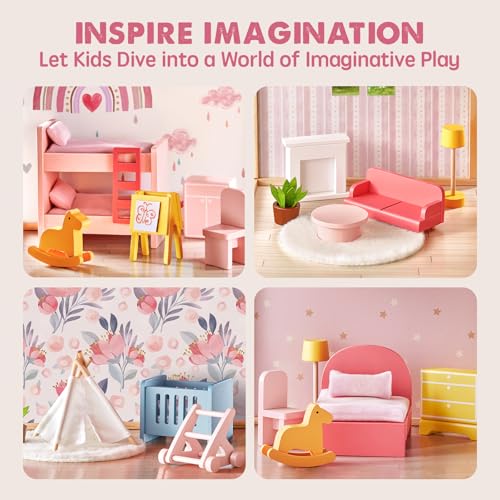 6 Rooms Wooden Dollhouse with 31Pcs Furniture Accessories Q473388